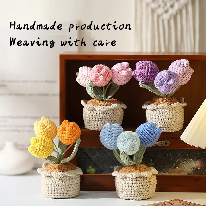 Productos acabados de tejido a mano tulipán en maceta adornos para el hogar imitación de tejido floral ganchillo de lana tulipán gordo