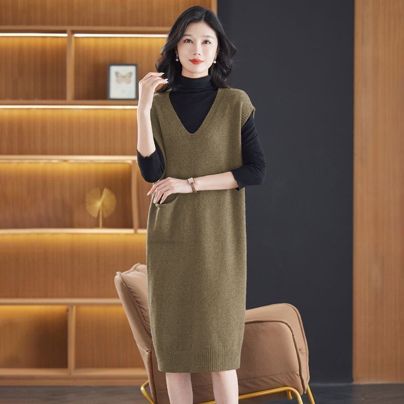 Autumn and Winter Vest Dress Mid-Length Knitted Vest Dress Loose Slimming Fashionable Vest Outer Sweater for Women