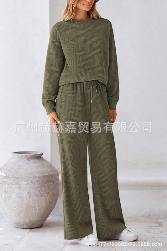 现货2025欧美宽松简约纯色休闲套装女秋冬季新款纹理抽绳运动装女|undefined