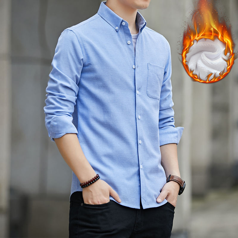 [Alta calidad] Otoño y invierno para hombres delgado Oxford textil y camisa caliente de camisa coreana de manga larga para hombres