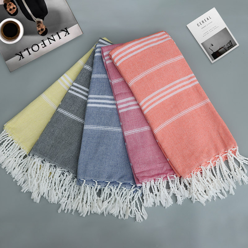 Wholesale foreign trade cotton non-stained sand tassel beach towel adult outdoor shawl striped sauna towel manufacturers