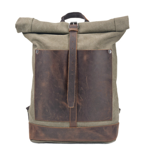 Vintage Washed Canvas Men's Dual Shoulder Bag Large Capacity Roll-Top Expandable Backpack Men's Outdoor Hiking Bag