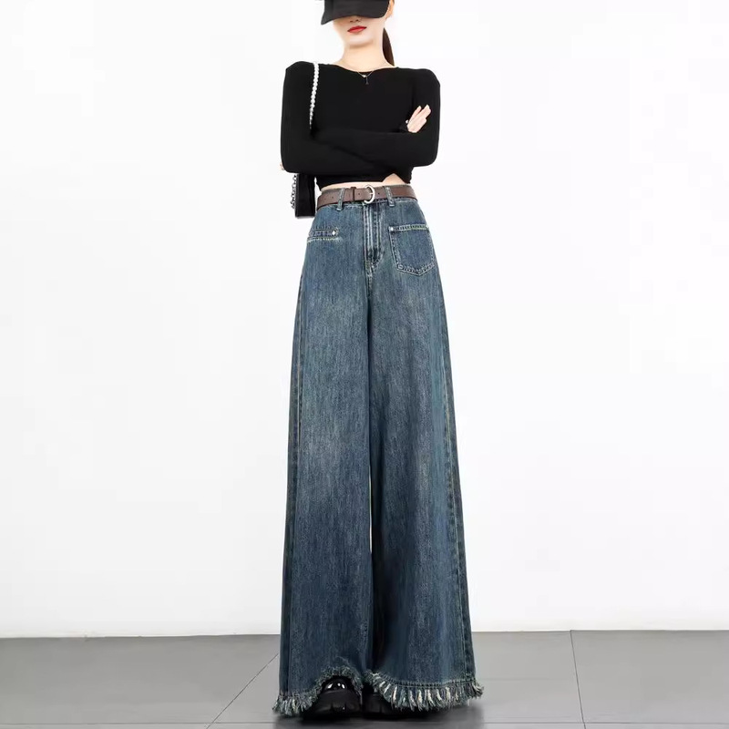 European Retro Wide Leg Jeans Women's Autumn New High Waist Slimming Loose Tassel Edge Elephant Leg Large Swing Pants European Retro Wide Leg Jeans Women's Autumn New High Waist Slimming Loose Tassel Edge Elephant Leg Large Swing Pants