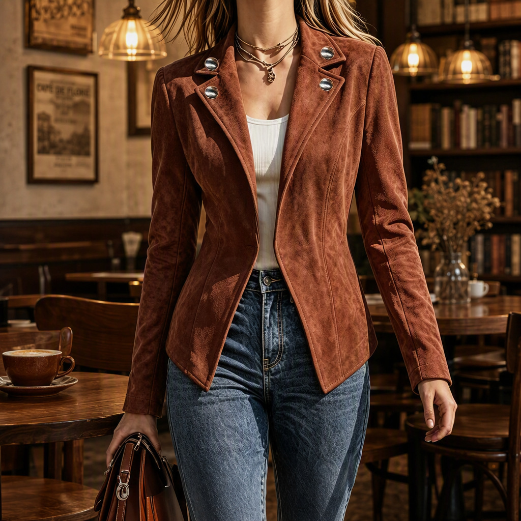 European and American retro women's coat, autumn and winter new style, suede slim fit button-down collar long sleeve jacket top