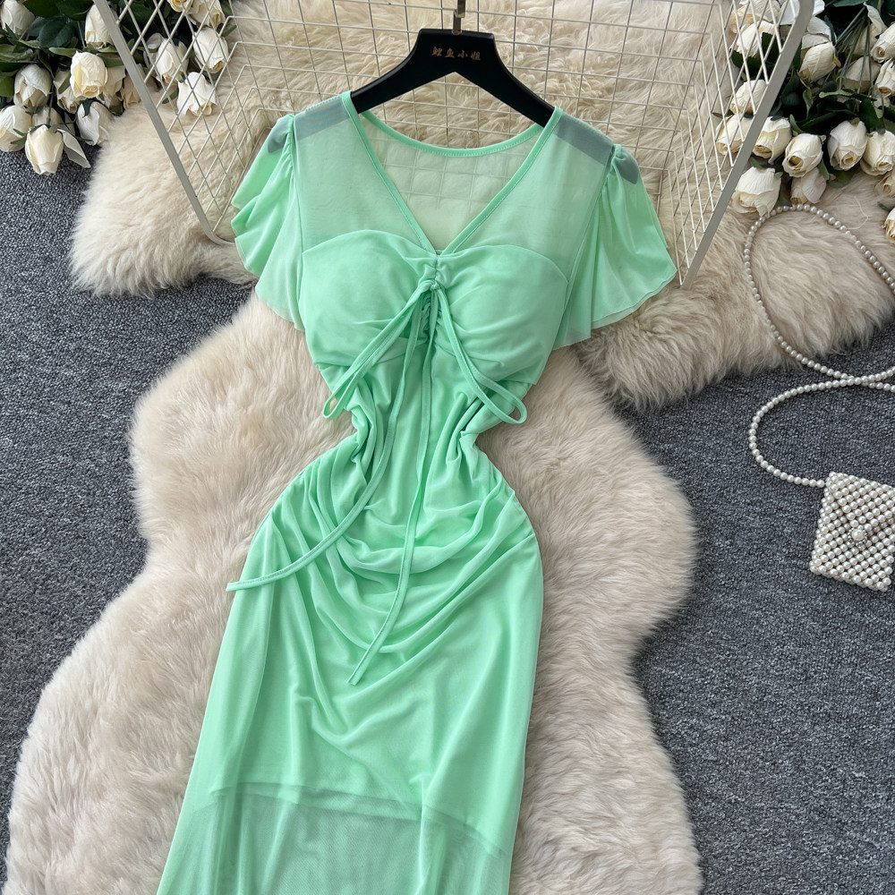 Elegant Red Short Sleeved Dress for Women Korean Style Pleated A-Line Long Skirt Sophisticated Flattering Slimming Work Dress_ecoleips.com