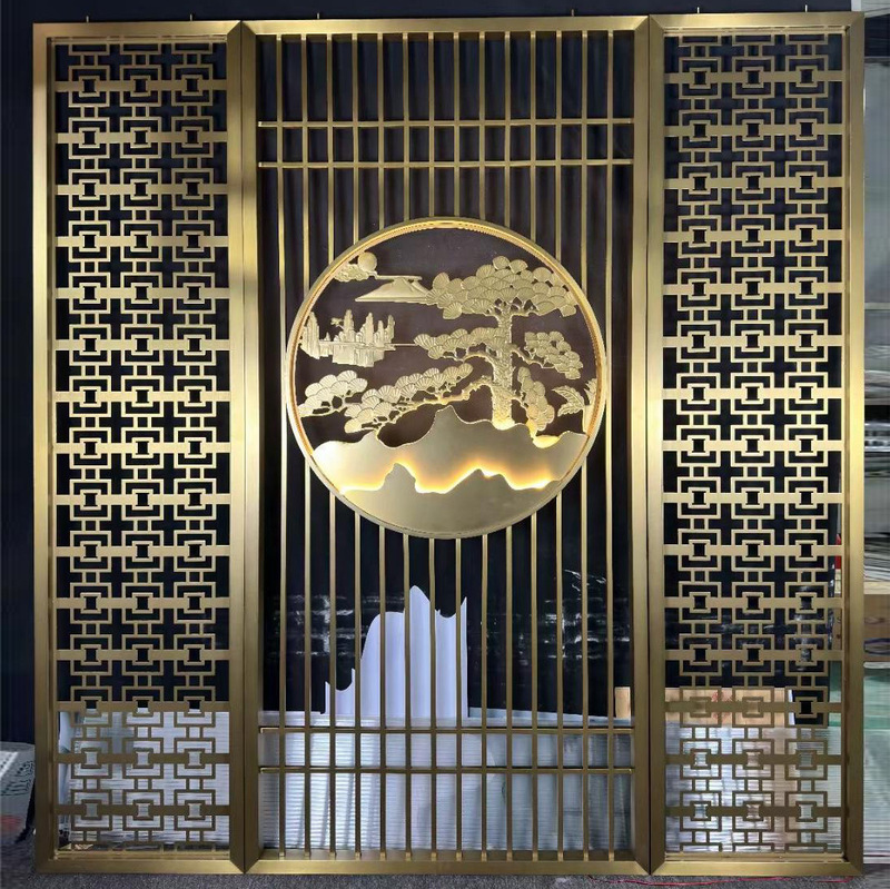 Light Luxury Living Room Entrance Hall Partition Metal Carved Hollow Grids Background Wall Chinese Stainless Steel Screen Light Luxury Living Room Entrance Hall Partition Metal Carved Hollow Grids Background Wall Chinese Stainless Steel Screen
