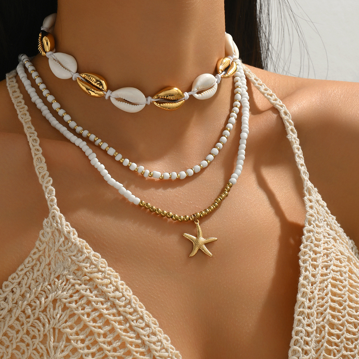 Bohemian Layered Necklace White Rice Bead Ocean Beach Style Jewelry_voghion.com