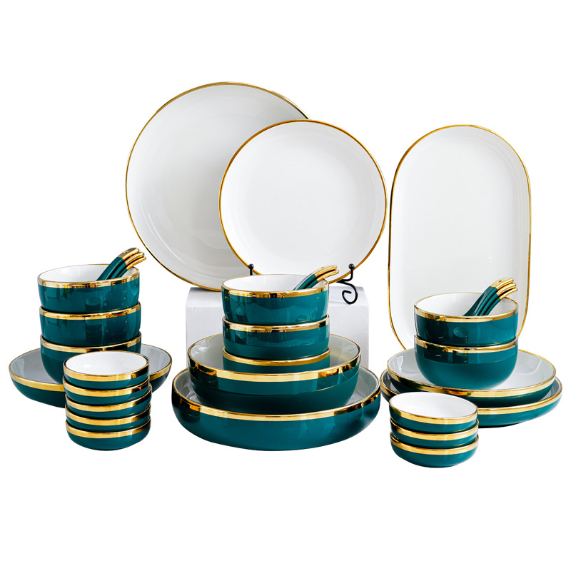 Nórdico tazón plato traje hogar Luz lujo oro Borde de cerámica plato de arroz combinación ins Internet celebridad Esmeralda vajilla