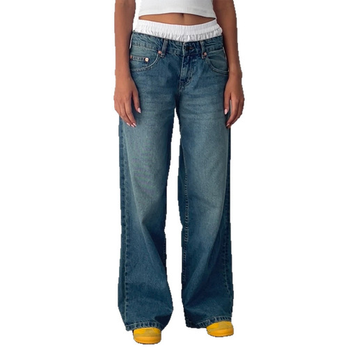 Spot American retro high-waist non-elastic washed straight jeans for women's summer new street wide-leg jeans