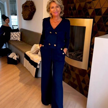 2025跨境高级感欧美秋冬新款时尚休闲女士翻领纽扣纯色职业装套装