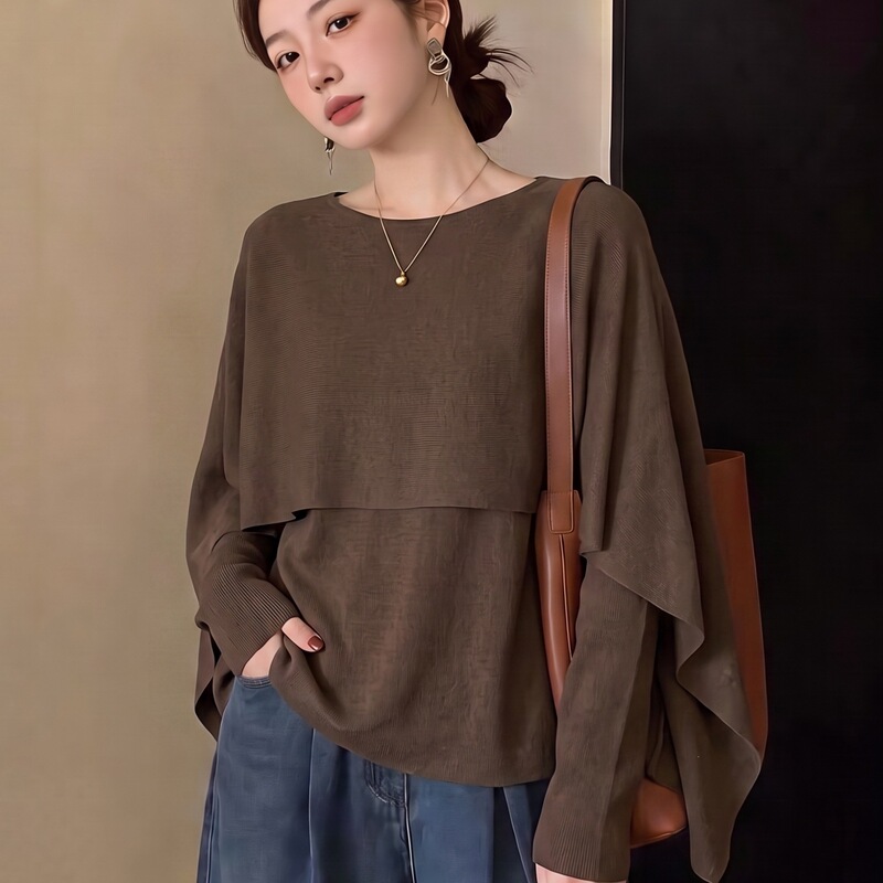 1. [Amide Velvet] Women's Coffee-Colored Long-Sleeve T-Shirt, 2026 Early Autumn New Style, Plus Size, Faux Two-Piece Top for Curvy Women |