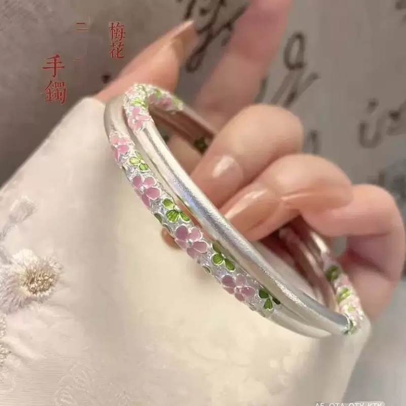 白铜梅花描色手镯国潮简约卷草纹白铜闭口手环女镯子高级感手饰|undefined