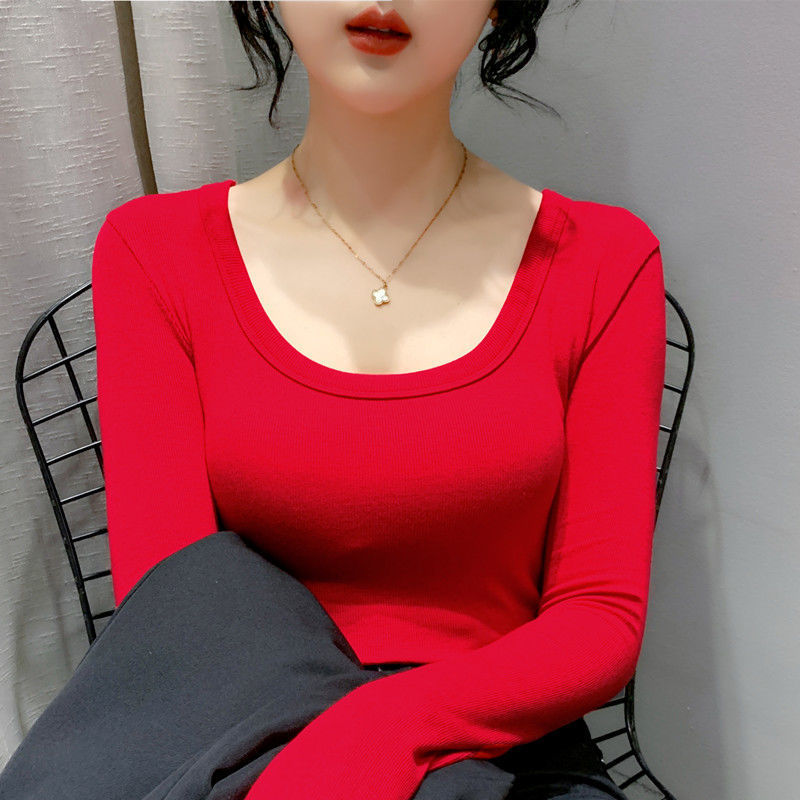 【メーカー直販】ネジベースの女性長袖の純色の中にガードルと春秋タイプの修身uネックtシャツを合わせます。