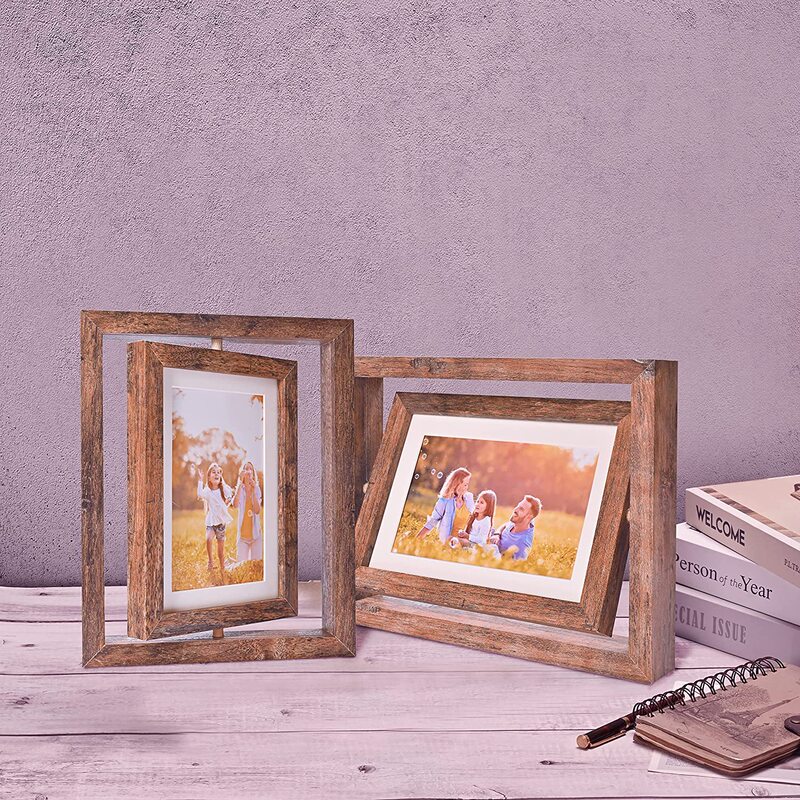 Country Style Photo Frame Table Rotating Floating Photo Frame with Pad Double Side Display HD Acrylic Wooden Photo Frame