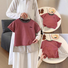 男童短袖T恤2025夏季新款儿童条纹半袖汗衫中大童薄款圆领衫t恤潮