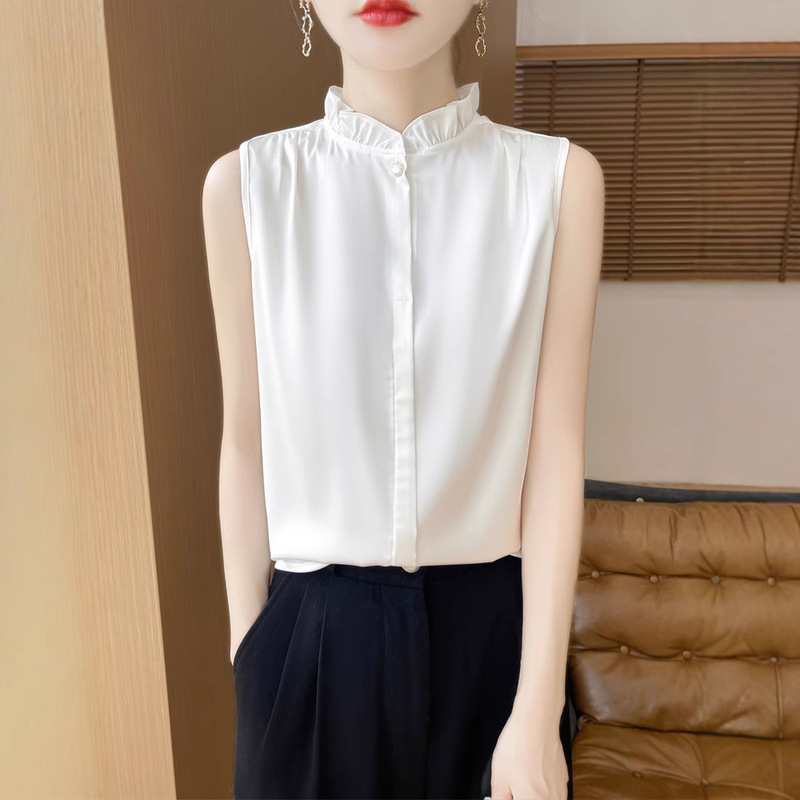 White All-match Lacy Collar Sleeveless Shirt with Inner Stacked Artifact Lotus Leaf Fungus Vertical Collar Base Shirt Vest Top