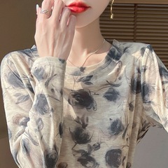 2025春の新型水溶プリント長袖tシャツニット底シャツ女性丸襟薄い上着日焼け止めインナー