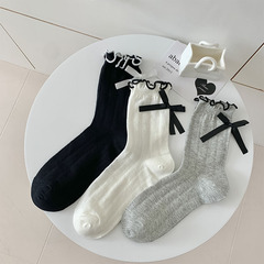 Women's Summer Thin Mesh Eyelet Breathable Medium Calf Socks with Japanese Schoolgirl Ballet Style Bowknot Back Jumps