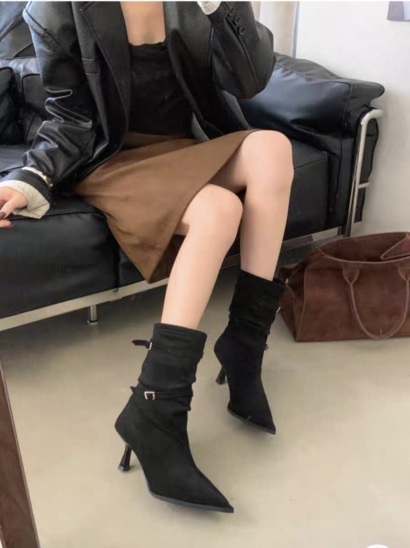尖头高跟短靴女款2025新款秋季复古褶皱堆堆靴显瘦细跟西部瘦瘦靴|undefined