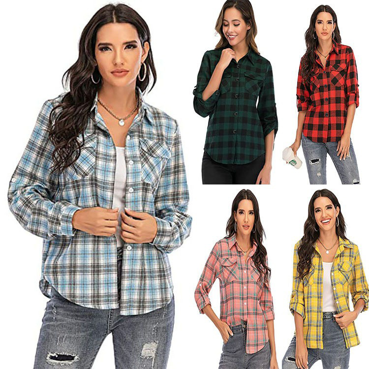 European and American Cross-Border 2025 New Plaid Women's Shirt Versatile Lapel Casual Fashion Double Pocket Long-Sleeve Shirt for Women