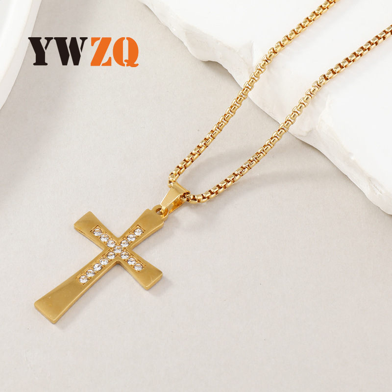 Europeo y americano transfronterizo Acero inoxidable 18K oro real Acero inoxidable collar estilo retro personalizado titanio acero diamante Cruz colgante image 3