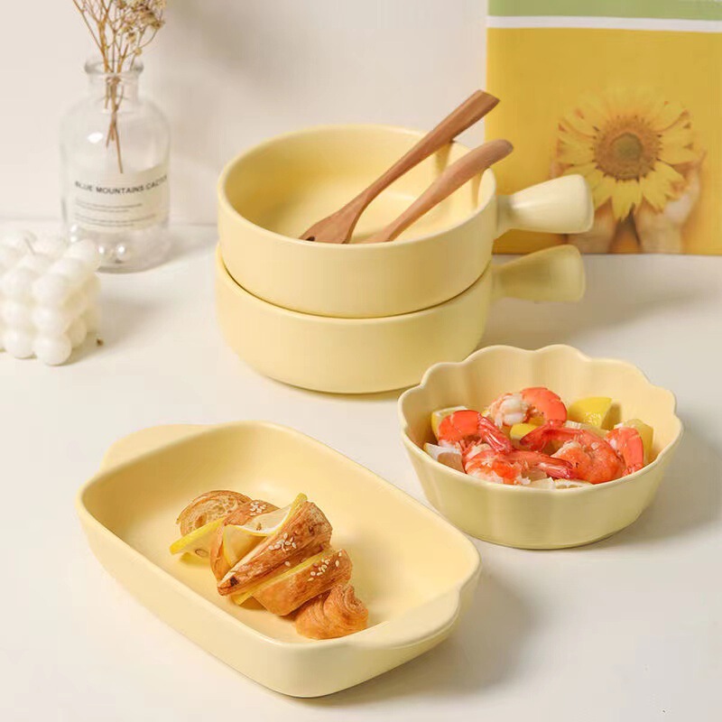 Korean ins Milk Yellow Handle Plate Bowl Household Baked Rice Baking Plate Baking Oven Instant Noodle Bowl Special Tableware Set