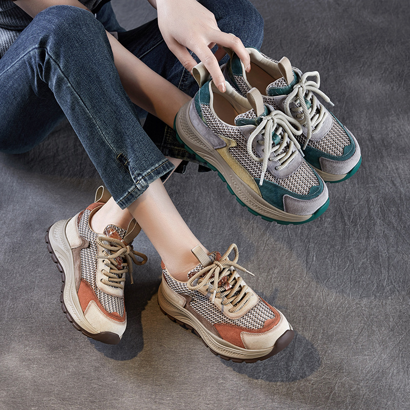 Spring and Summer 2025 New Genuine Leather Round-toe Forrest Gump Shoes Contrast Color Single-layer Shoes Women's Casual Breathable Mesh Lightweight Torre Shoes