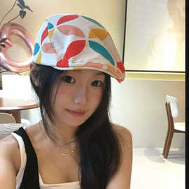 韩国ins博主同款复古花朵印花前进帽百搭显脸小贝雷帽子画家帽潮
