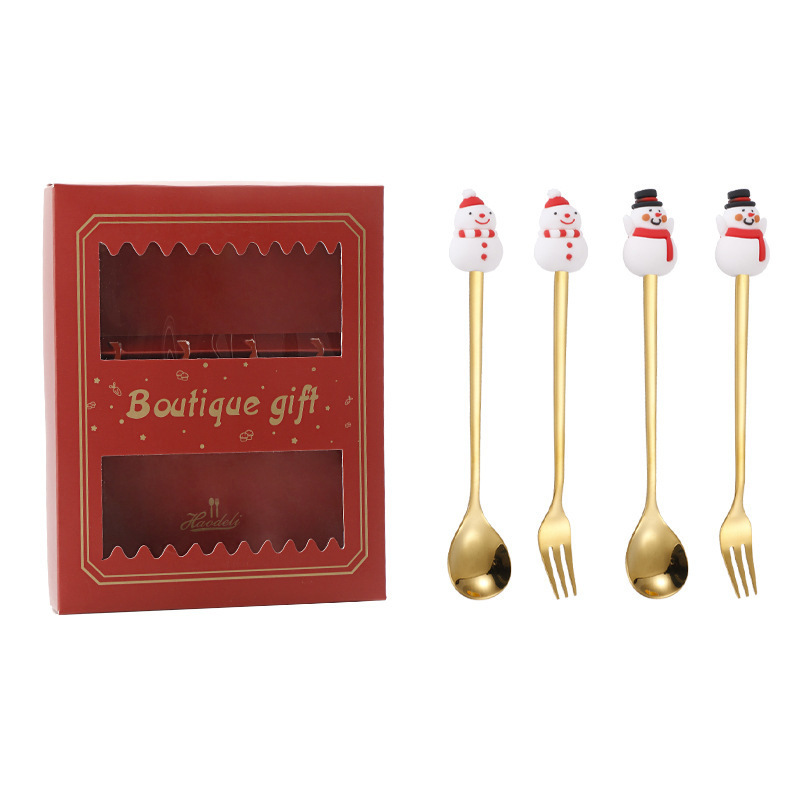 クリスマススプーンセット クリスマス食器ギフト2点セット デザートスプーンとフォーク サンタクロースとトナカイのフィギュア付きスプーン|undefined