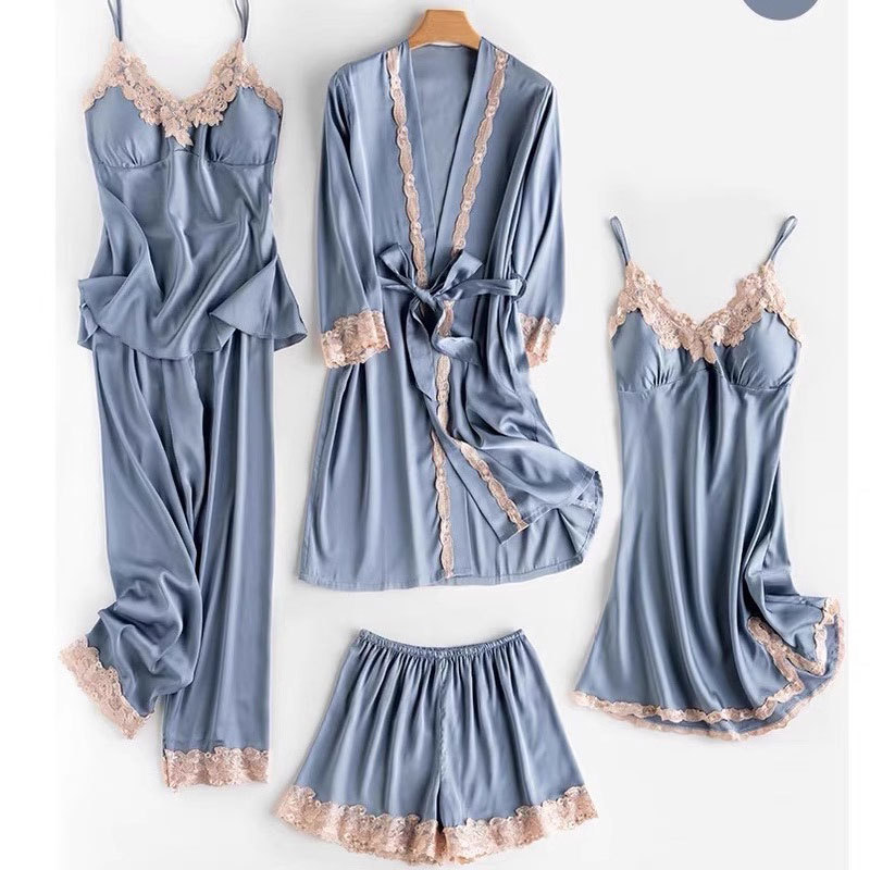 Women's Pajamas 2024 Spring and Summer Ice Silk Camisole Nightgown Dressing Gown Five-Piece Set Can Be Worn Outside Long-Sleeved Loungewear Elegant Casual