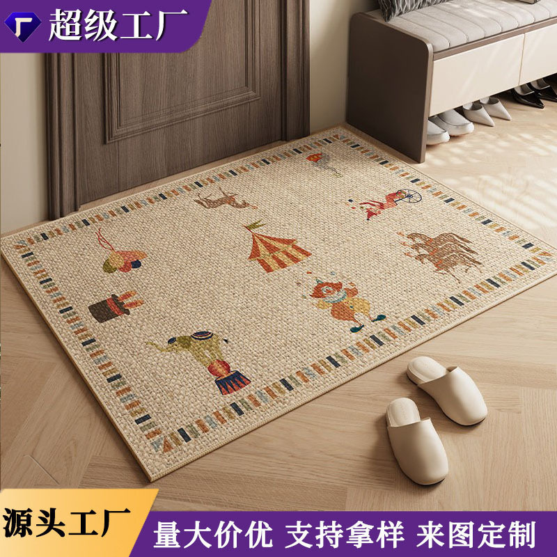 Cross-Border Entry Door Mats, Faux Linen Entrance Mats, Customizable Cartoon Door Mats, Natural Wood Style Non-Slip Carpets