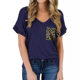 Amazon Women's 2022 Spring and Summer V-neck Pocket T-shirt Cross-border European and American Curled Short-sleeved Loose Top