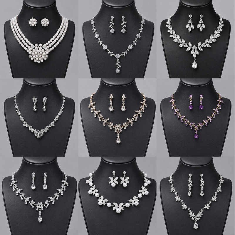 European and American High-End Wedding Bridal Jewelry Set, Birthday Dinner Light Luxury Rhinestone Pearl Necklace and Earrings Three-Piece Set for Women