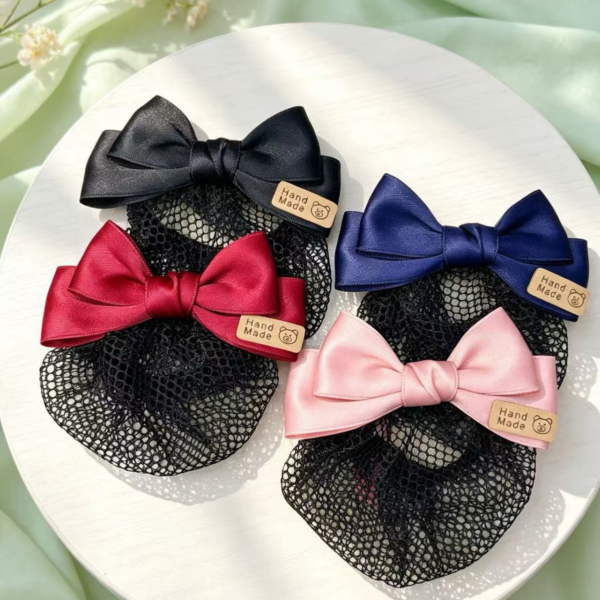 Professional hair accessories, bank hair nets, nurse and flight attendant bows, front desk hotel updo accessories, new work hair nets