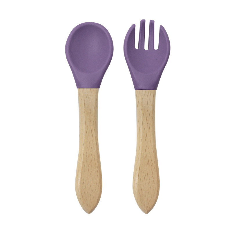 Bebé mango de madera tenedor cuchara traje de alimentación de los niños de madera mango tenedor cuchara conjunto cuchara de silicona tenedor bebé alimento suplemento tenedor cuchara traje image 15