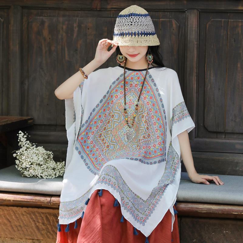 Yunnan primavera y otoño nuevo estilo étnico algodón y lino sensación bufanda geométrica diamante capa exterior viajes protector solar chal para las mujeres