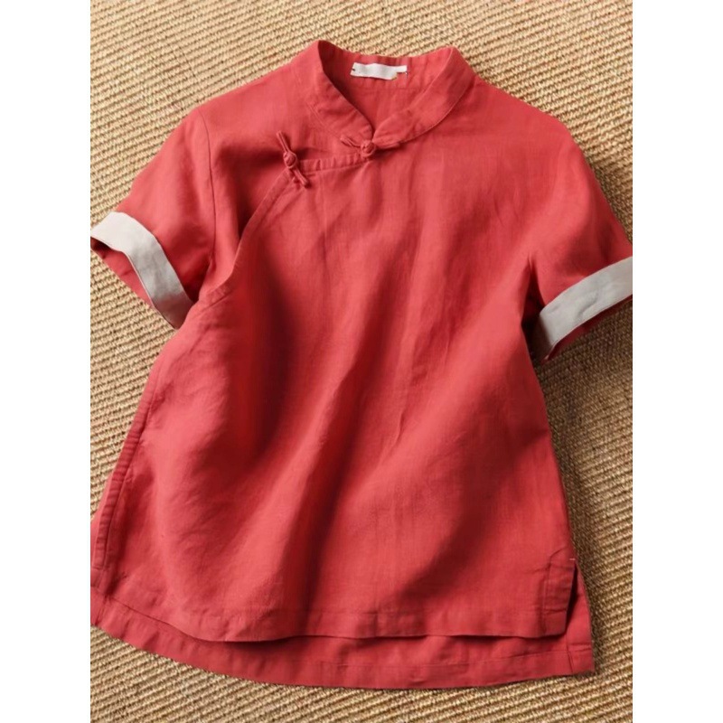 2026新款新中式复古红色立领盘扣衬衫女短袖禅意棉麻茶服上衣女