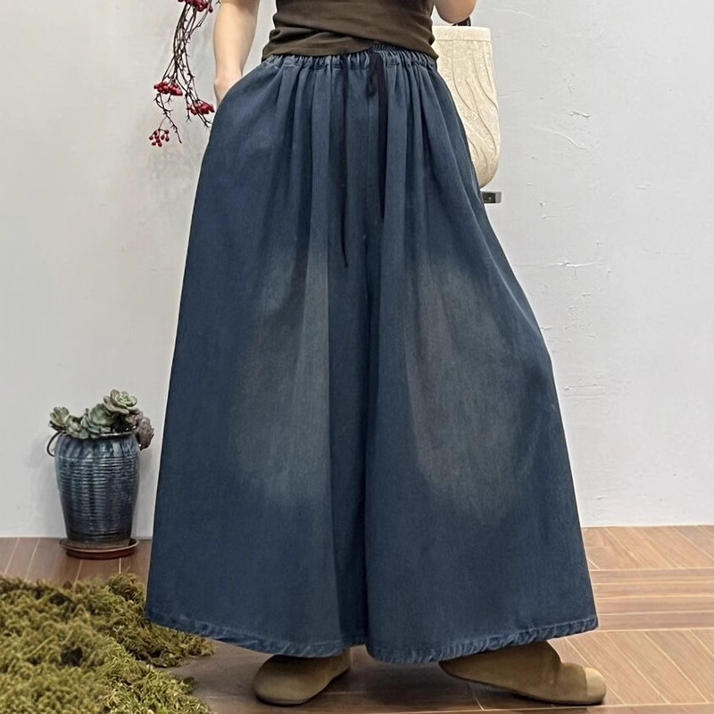 Denim skirt pants 2025 spring new washed elastic waist pants women's literary retro large version wide leg pants 9708
