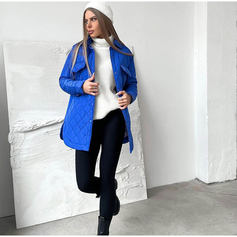 Long Breasted Lapel Loose Warm Rhombic Cotton-padded Coat New Arrival 2022 Autumn and Winter All-match Thickened Cotton-padded Coat for Women in Europe and America