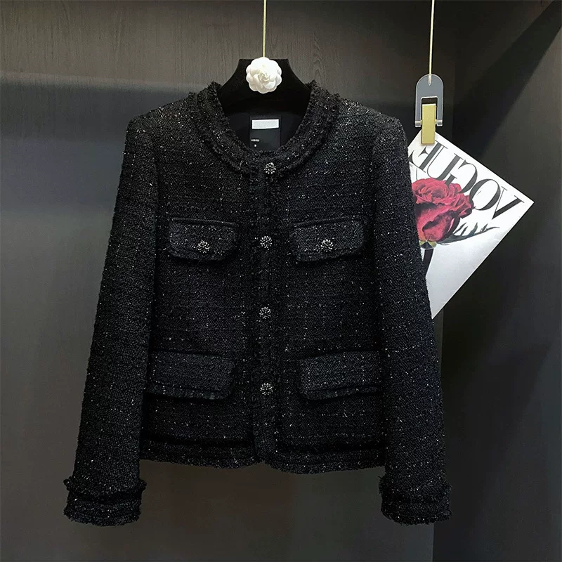 Черная демисезонная куртка, стиль Chanel, французский стиль, высококлассный стиль