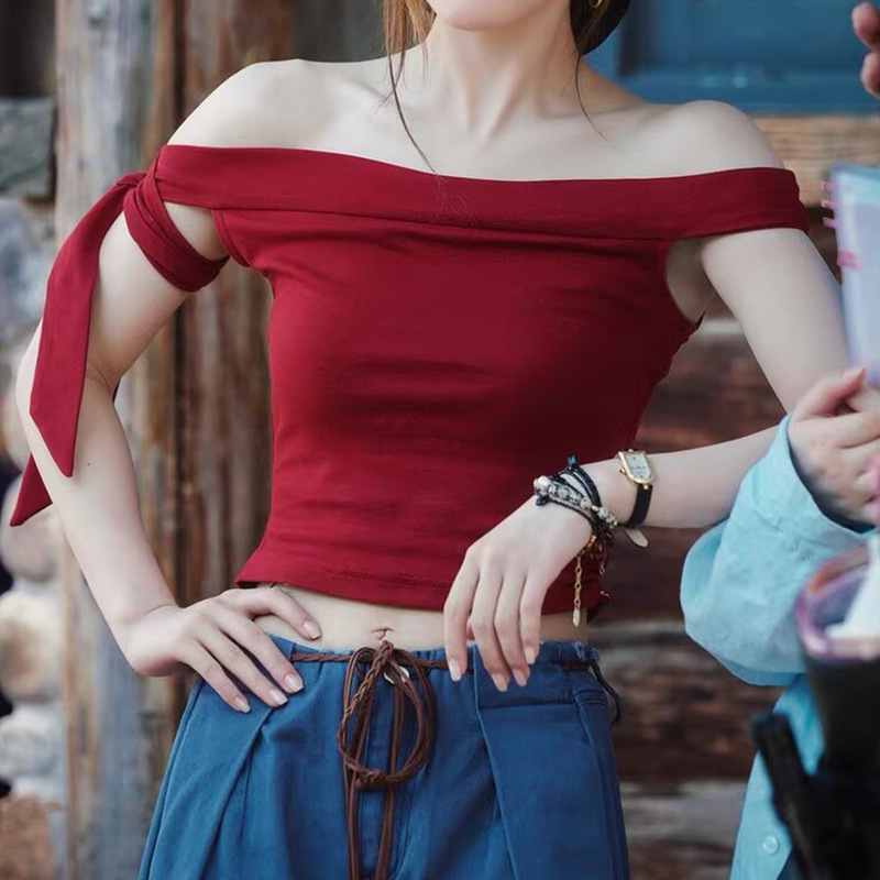 Zhao Lusi's Same Style Red One-Shoulder Bow Tube Top T-Shirt for Women Summer Sexy Sexy Short Slim Top
