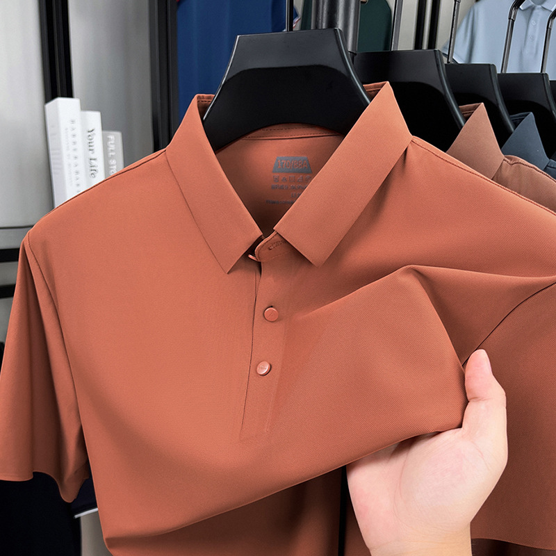 2025 Summer Middle-Aged Men's Short-Sleeved T-Shirt Lapel Casual Dad Wear Fashion Boutique Ice Silk Seamless Polo Shirt