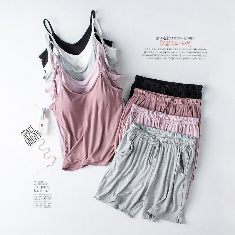 Modal Women's Beautiful Back Insert Non-steel Ring bra-t One-piece Shirt with Chest Pad Camisole Base Shirt and Shorts Set