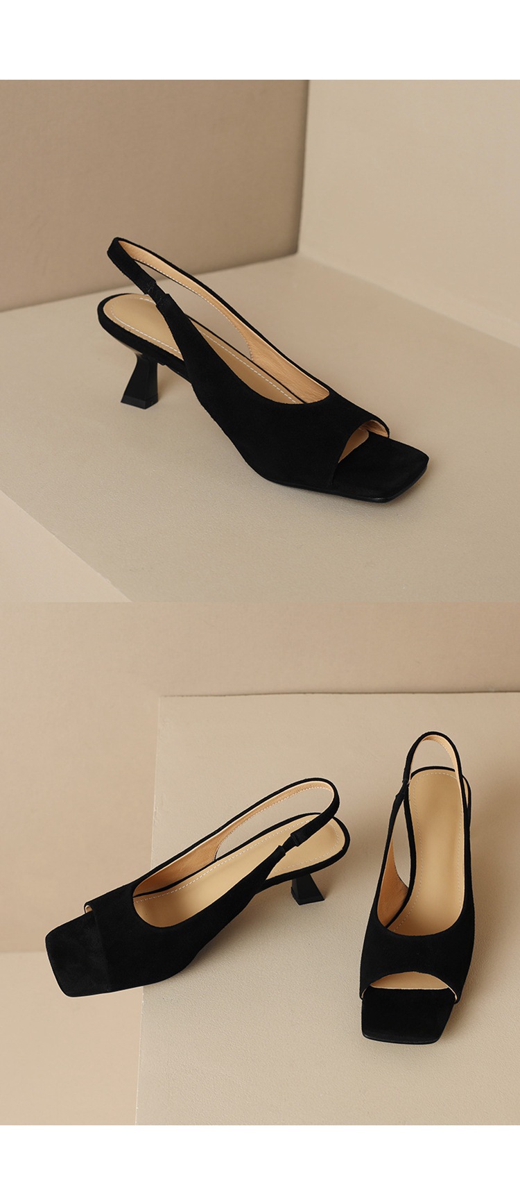 Sandal cao gót nữ mũi vuông hở mũi, gót thô 5.5 cm, phong cách Hàn Quốc, miệng nông — Da lộn cừu màu đen chi tiết 22