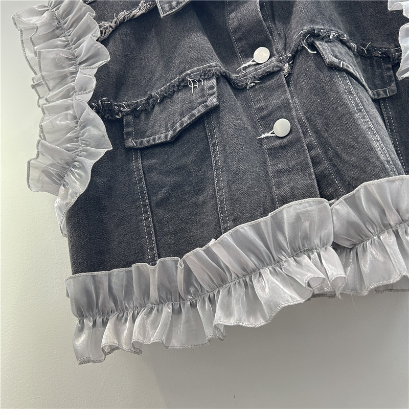 Pequeño borde de lótus costurado chaqueta de vaquín sin mangas de primavera 2025 cintura alta chaleco corto de chaleco de chaleco de chaleco image 3