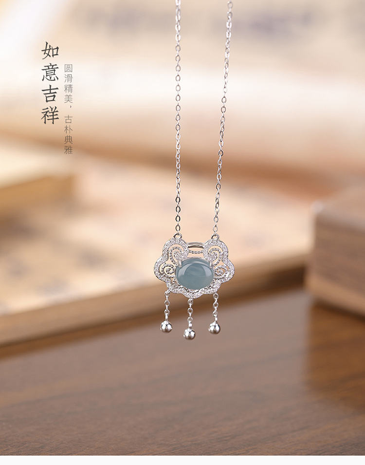Mặt dây chuyền bạc S925 hình Ruyi rỗng đính đá ngọc lam và zircon tua rua — Bộ xích (bao gồm cả xích) chi tiết 1