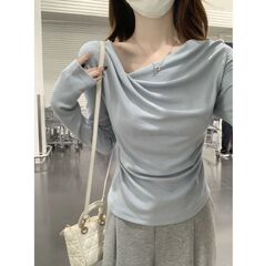 法式甜辣斜领露肩chic纯色长袖T恤女韩版褶皱修身荡领上衣打底衫