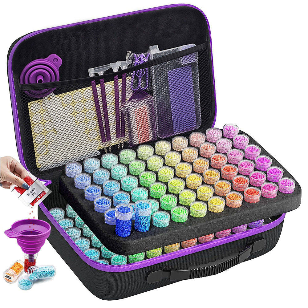 Maletín de herramientas DIY para pintura de diamantes, organizador de 60–240 botellas, caja portátil color púrpura