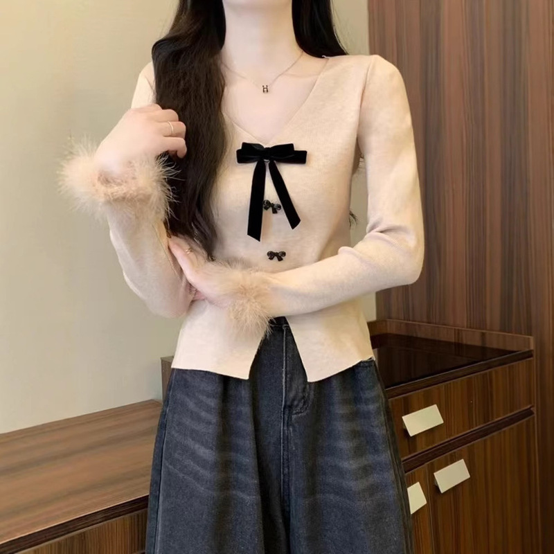 韓国風スリムフィットインナーデザインVネックスプライシングローエッジ長袖セーター女性用新しいリボントップ|undefined