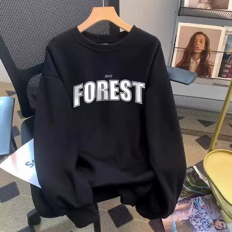 2024 свежие первые осенние буквы гонконгский ветер круглый воротник свитер женская футболка с длинными рукавами тонкий сплошной топ для мужчин